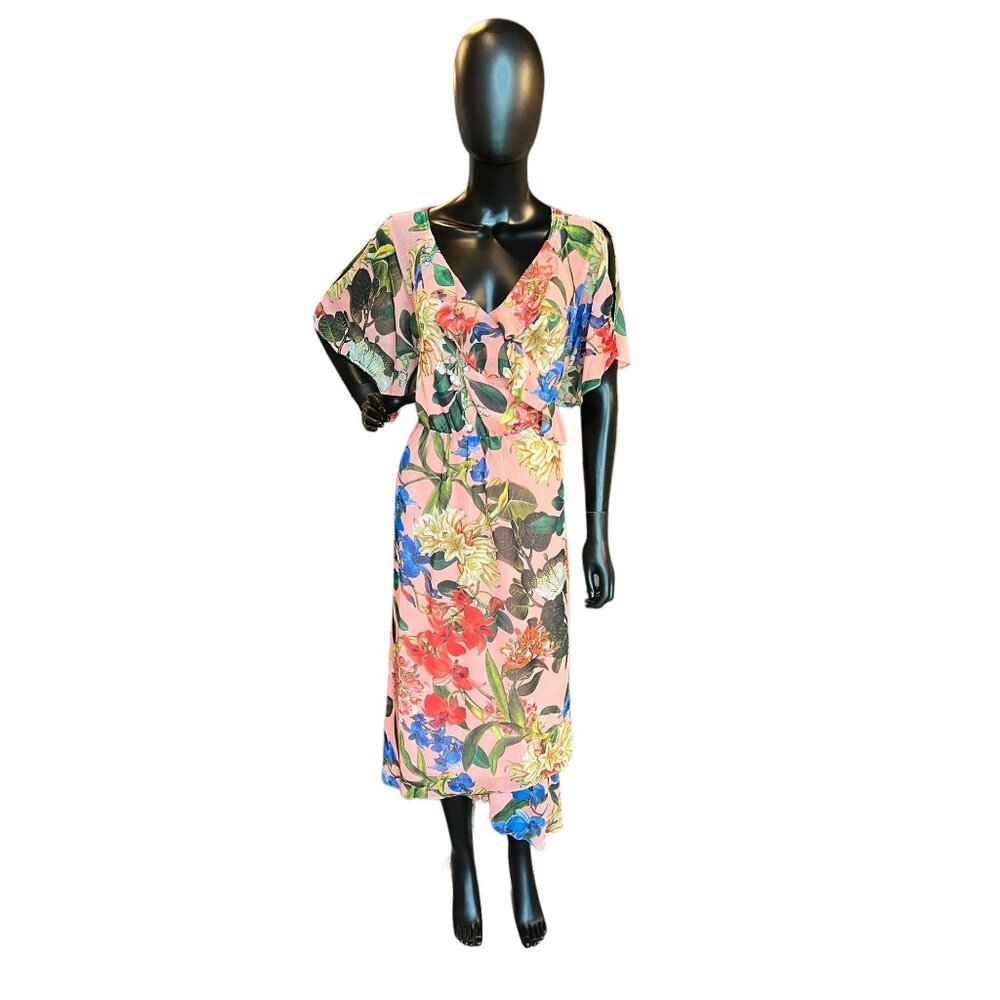 Gibson and Latimer Coral & Floral Print Chiffon Flutter Mid-Length Dress